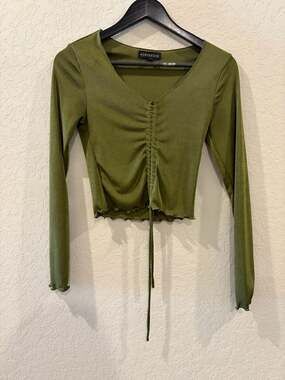 Electrica Women Green Top Long Sleeve Drawstring V-Neck Size Small